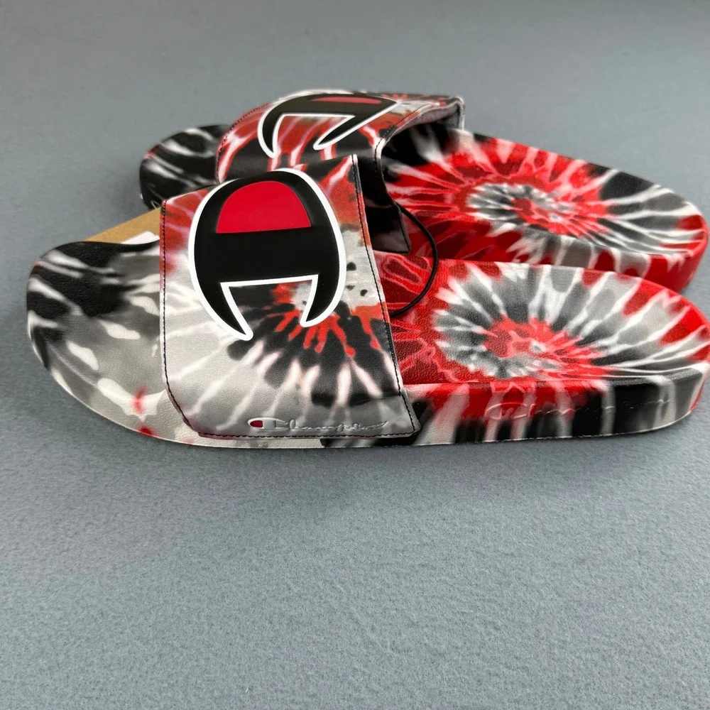 Champion IPO Tie Dye Slides Mens 14 Red Black White C Logo Sandals CP101344M